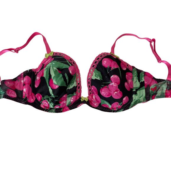 Victoria Secret Bra 34D Pink Cherry Print Black Underwire Vintage 2003 Y2K Tags - Picture 10 of 12